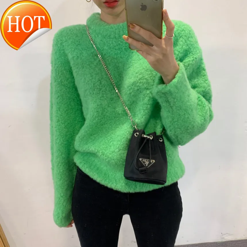 

Korean fashion foreign style candy color circle wool grain medium length loose and lazy sweater Pullover