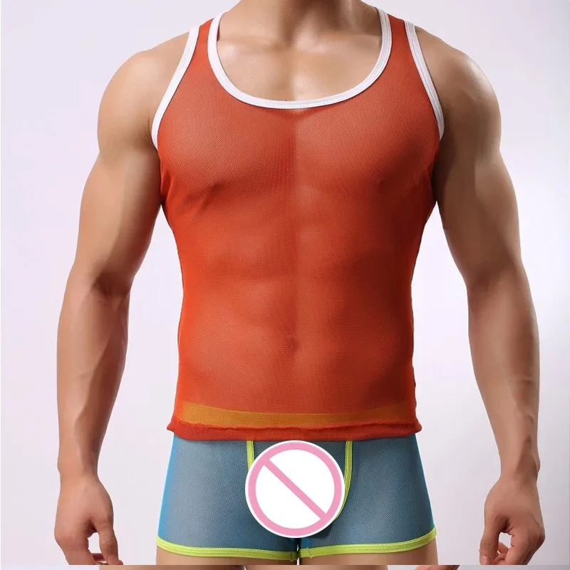 Новые модные мужские прозрачные сетчатые топы на бретелях сексуальные дышащие