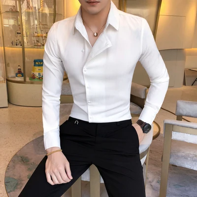 Мужская приталенная рубашка с длинным рукавом корейский стиль модный тренд