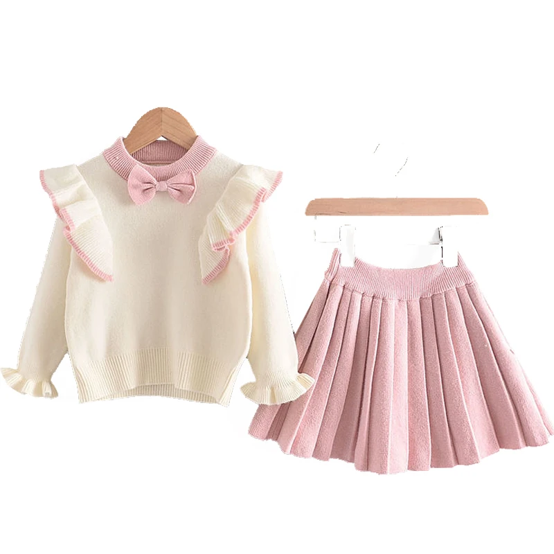 

Girls Winter Clothes Sets Knitted Long Sleeve Sweater 2 Pcs Clothing Costume Bow Baby Outfits for Kids Girls Clothing Dress