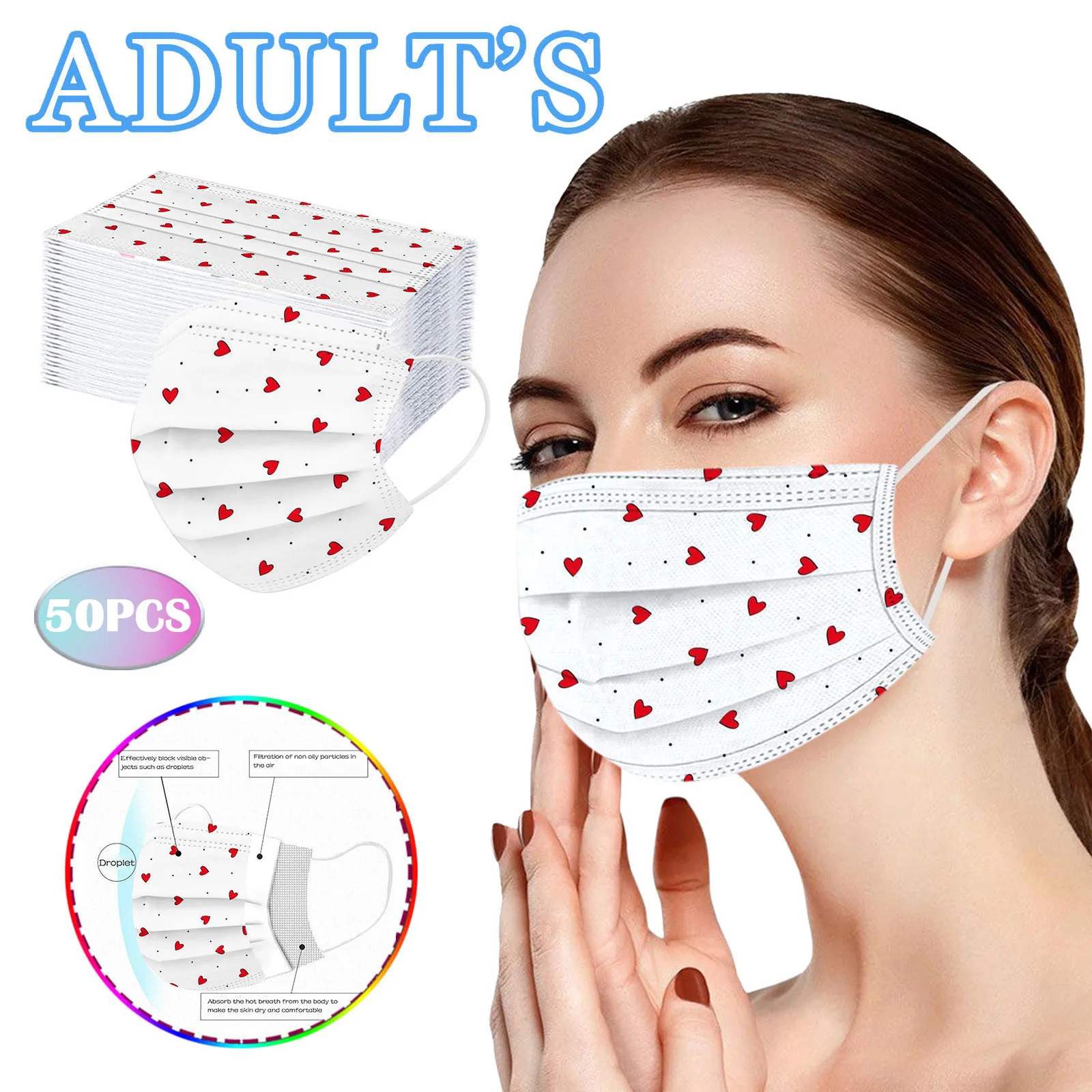 Маска одноразовая трехслойная для взрослых в горошек с принтом сердца |