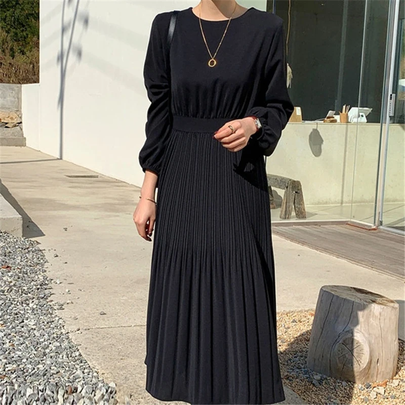 BGTEEVER элегантное Плиссированное женское платье с круглым вырезом винтажное на
