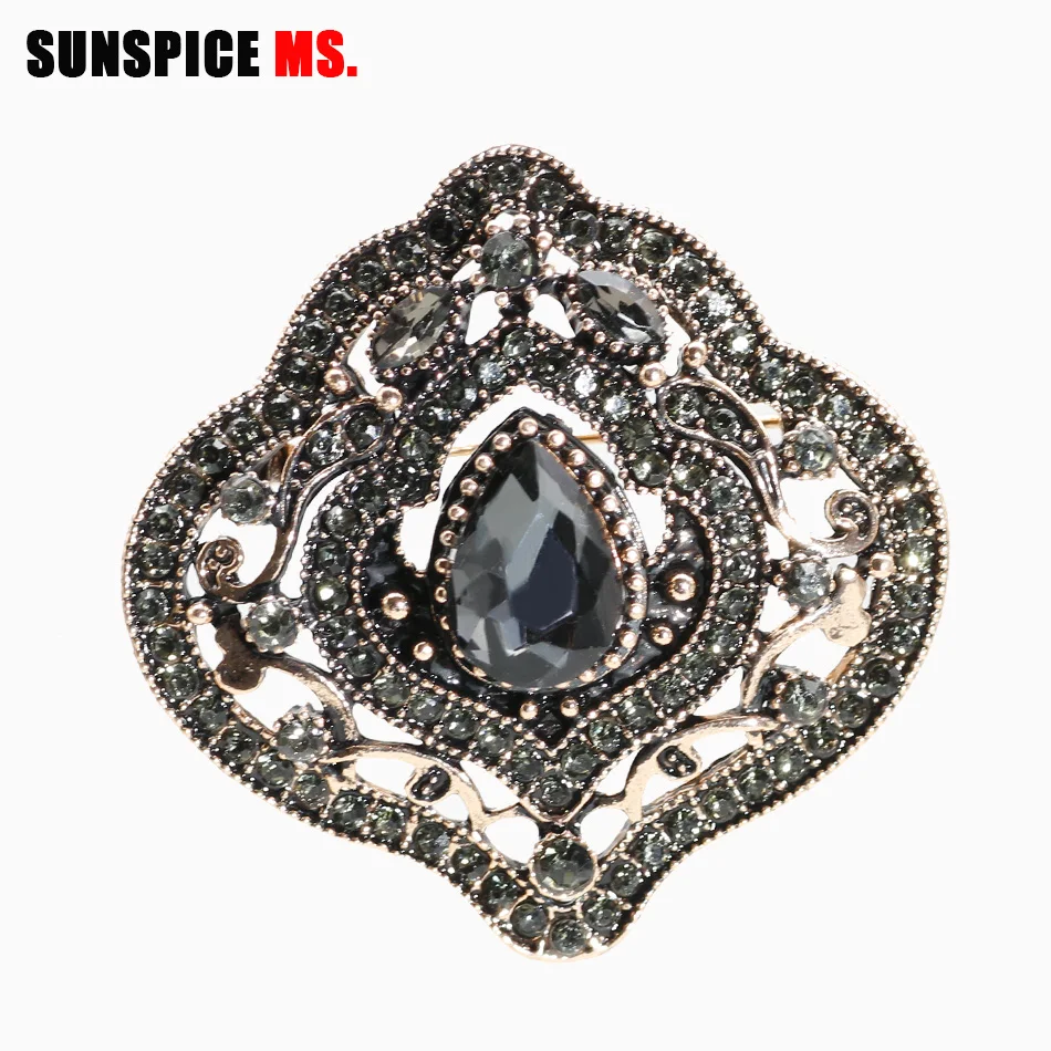 SUNSPICEMS винтажная серая Хрустальная Брошь булавка Турецкая Женская этническая Свадебная бижутерия арабский хиджаб брошь для шарфа брошь полная Стразы - Окраска металла: 259gray