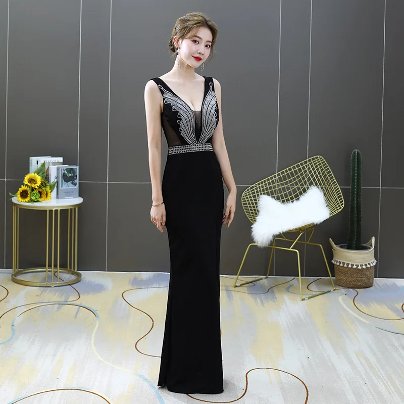 

Evening Dress Appliques Sleeveless Mermaid Deep V-Neck Fashion Sequins Floor-length Plus size Women Formal Party Dresses C1346
