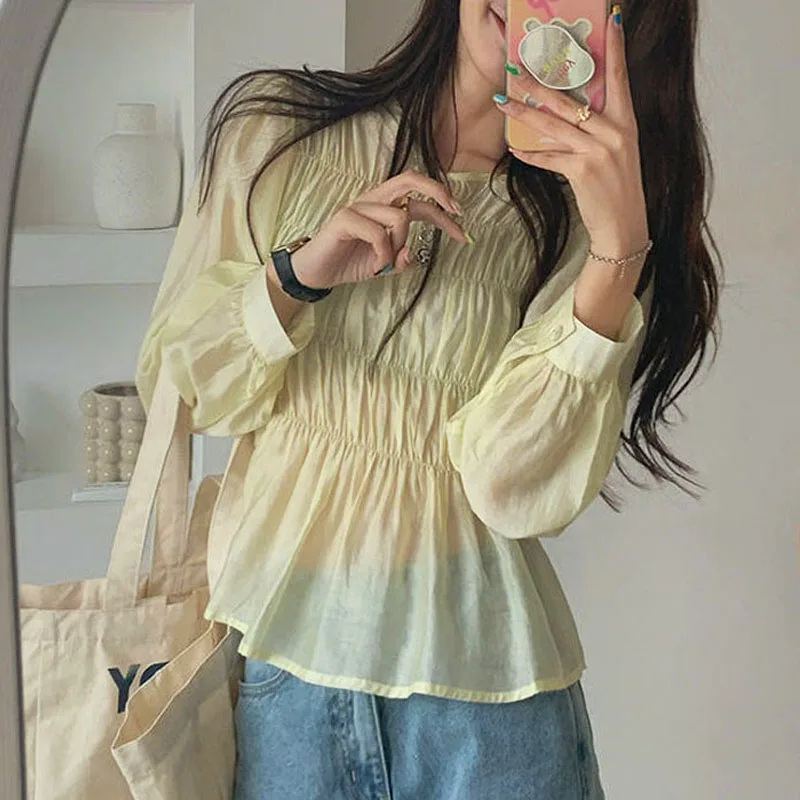 

Новинка Весна 2021, однотонная шифоновая блузка и топы, женские элегантные офисные рубашки с длинным рукавом и круглым вырезом в Корейском ст...