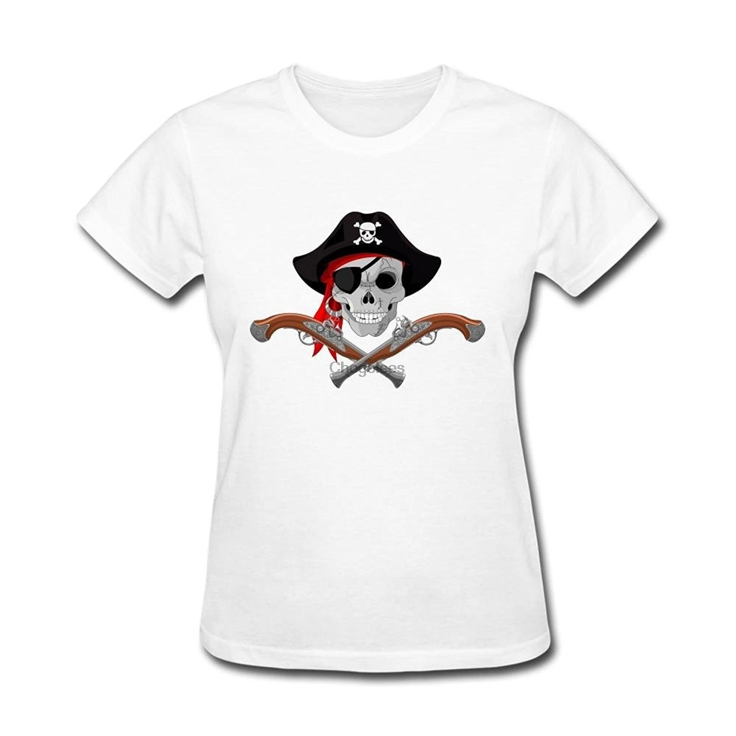 Женская футболка с пиратским черепом и перекрестными пистолетами|Мужские