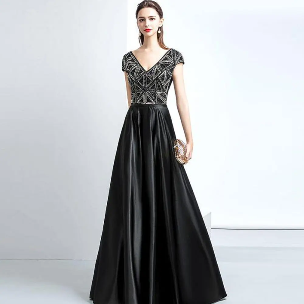 

V-Neck Black A-line Poretrait Floor length Beading Applique Sweep/Brush Banbage Sleeveless Draped Evening Dresses Exquisite