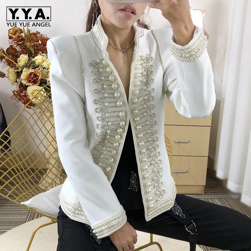 

High Quality Womens Short Wide-Waisted O-Neck Covered Button Fashion Jackets Office Lady Beading Pearls Spliced Vintage Coat