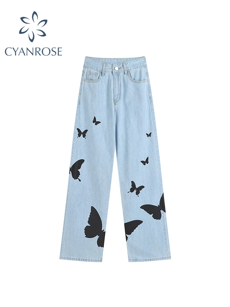 

Woman Straight Baggy Jeans Retro High Street Oversize Casual Butterfly Print Denim Trousers Harajuku Washed Hip Hop Jeans Pants