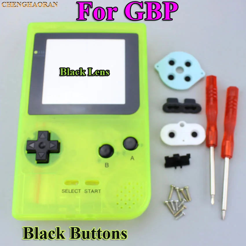 1set Luminous Yellow Green Housing Shell case cover For Gameboy Pocket Console Screwdriver Rubber Silver lens Blue Button Kit |
