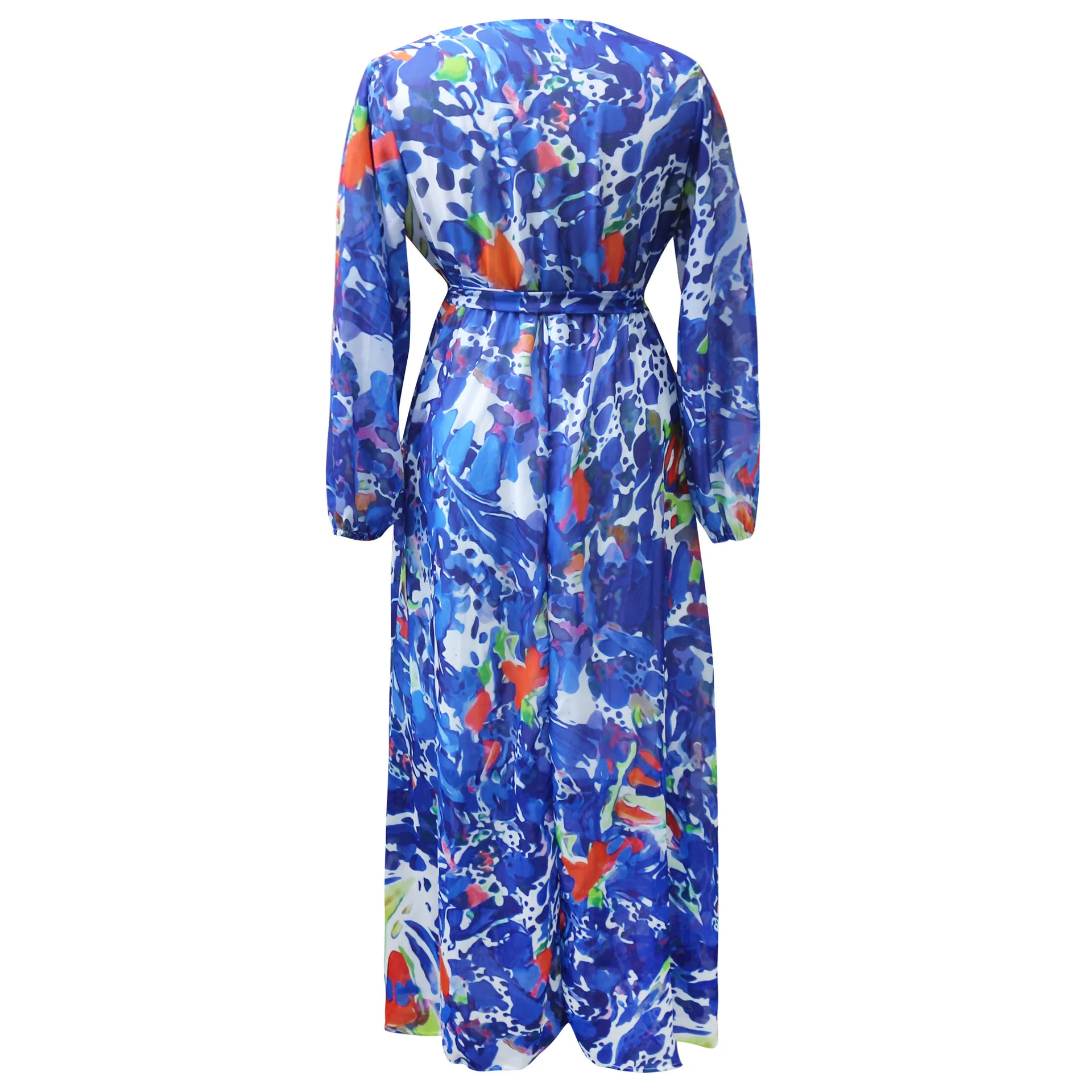 

2021 new zaraing autumn deep V chiffon print ladies halter waist floral long-sleeved female fashion sexy twisted slit dress