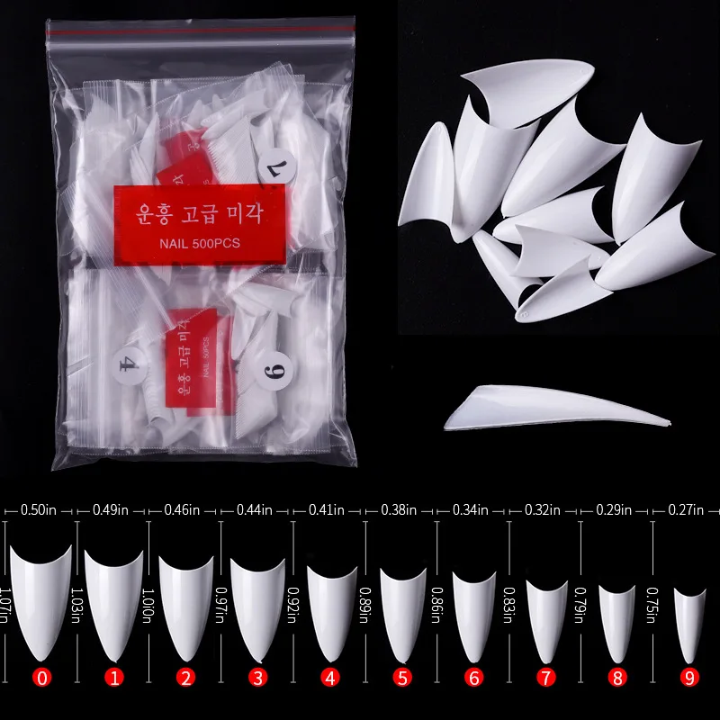 

500Pcs False nail tips with 10 sizes Nail Tips Stiletto French Acrylic False Nails ABS Tips Artificial 0 -9 sizes Nail Art Tips