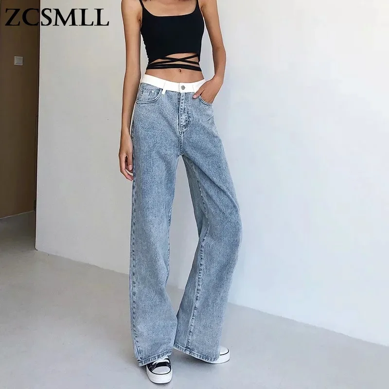 

Цветные джинсы ZCSMLL в стиле пэчворк, женские брюки с высокой талией, прямые свободные джинсовые брюки с широкими штанинами, осень 2021, новая Ко...
