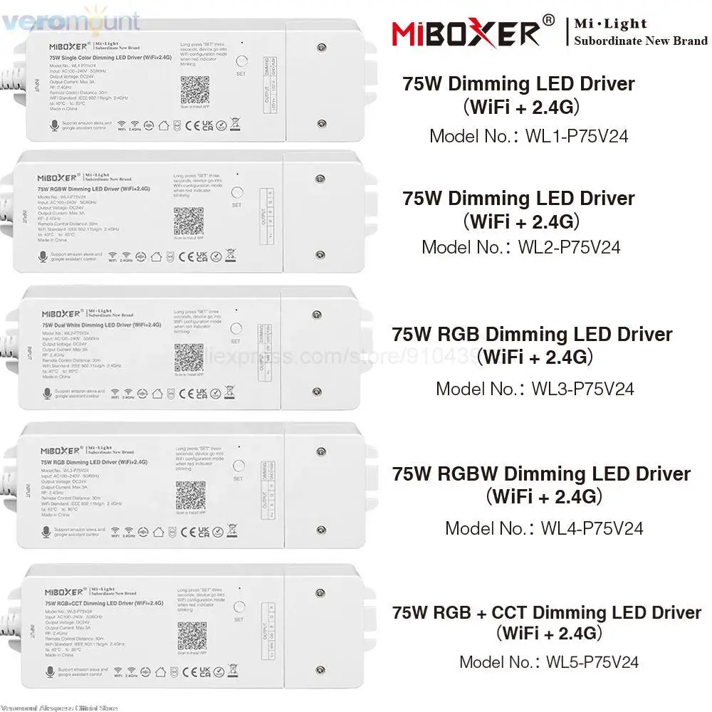 MiBoxer AC 110 В 220 В до DC 24 В 75 Вт WiFi 2,4G светодиодный драйвер с дистанционным управлением затемнением Одноцветный/двойной светодиодный/RGB/RGBW/RGBCCT Светодиодная лента