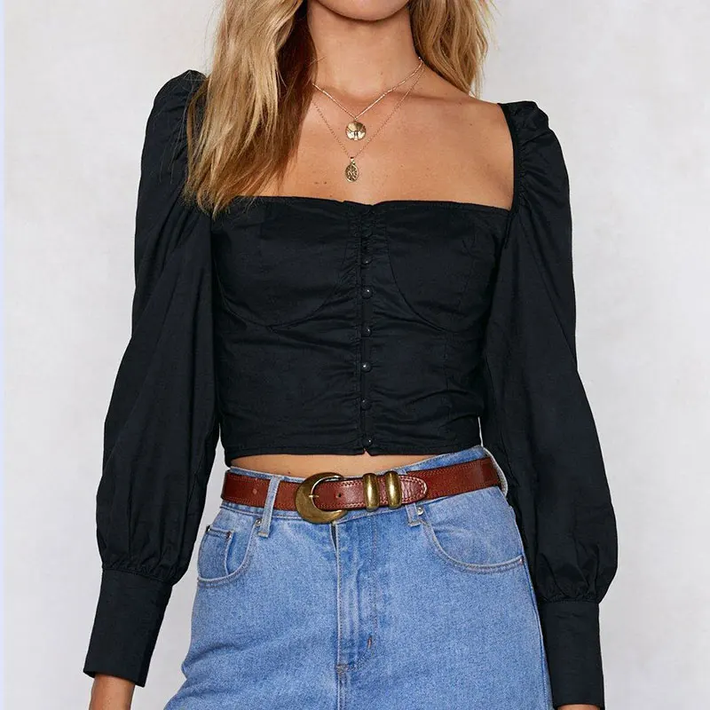 Black OOTN однобортный сексуальный черный укороченный Топ для женщин, с рюшами, с пышными рукавами, с квадратным воротником, блузки, женские осенние повседневные рубашки с длинным рукавом - Цвет: Black