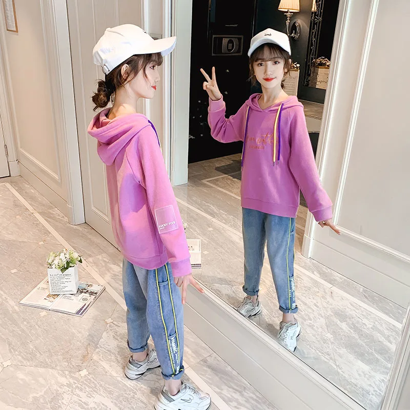 

2021 New Autumn Spring Girls Clothing Suits Letter Hooded Sweatshirt + Denim Pants Kids Tracksuit Sport Suits Outwear 4 5 7 8 Y