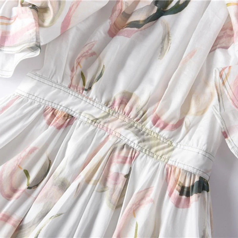 

GALCAUR Print Dress For Women O Neck Square Collar Puff Short Sleeve High Waist Ruched Hit Color Dresses Female Clothes 2021 New