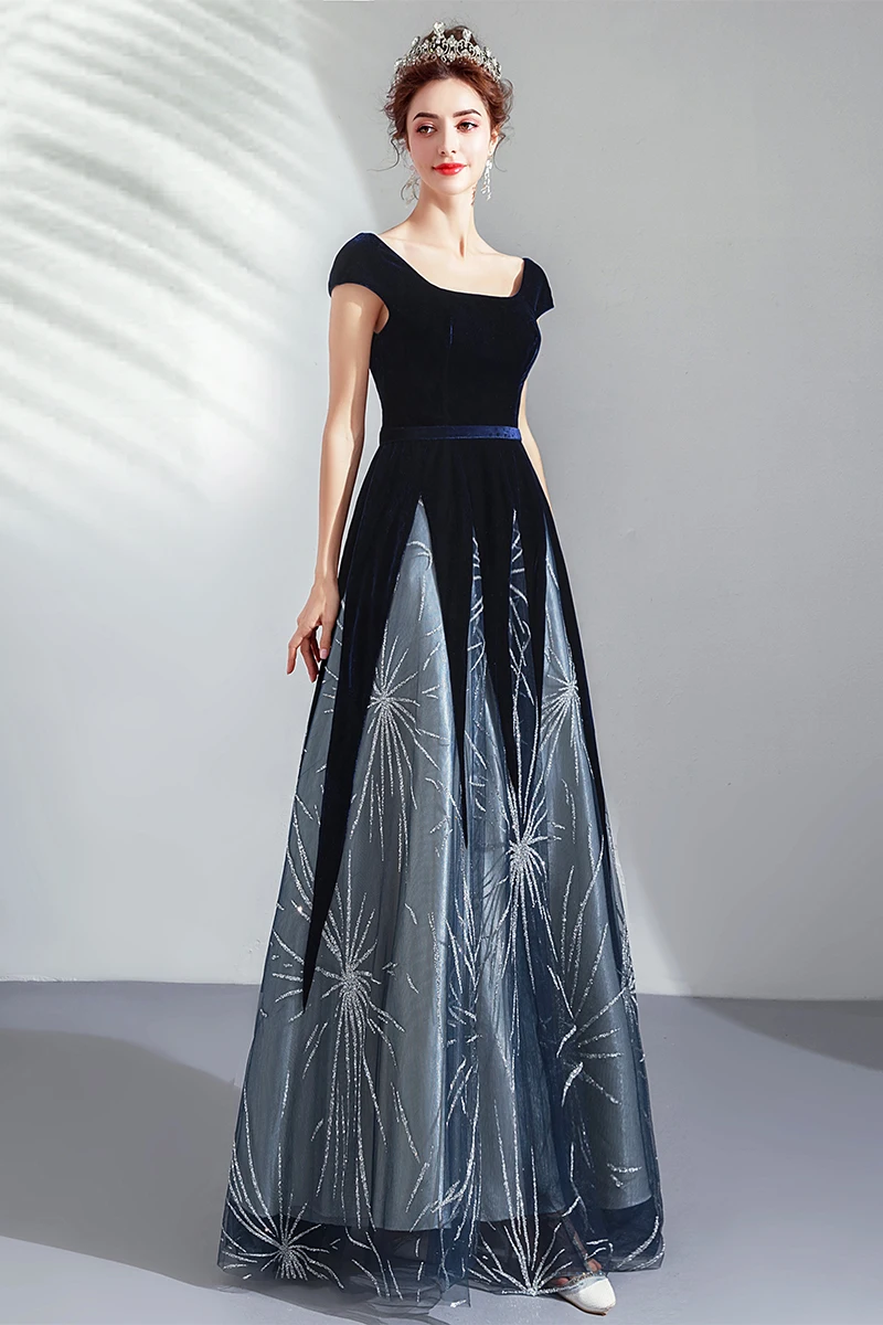 Темно-синее бархатное арабское вечернее платье с рукавами-крылышками и глубоким