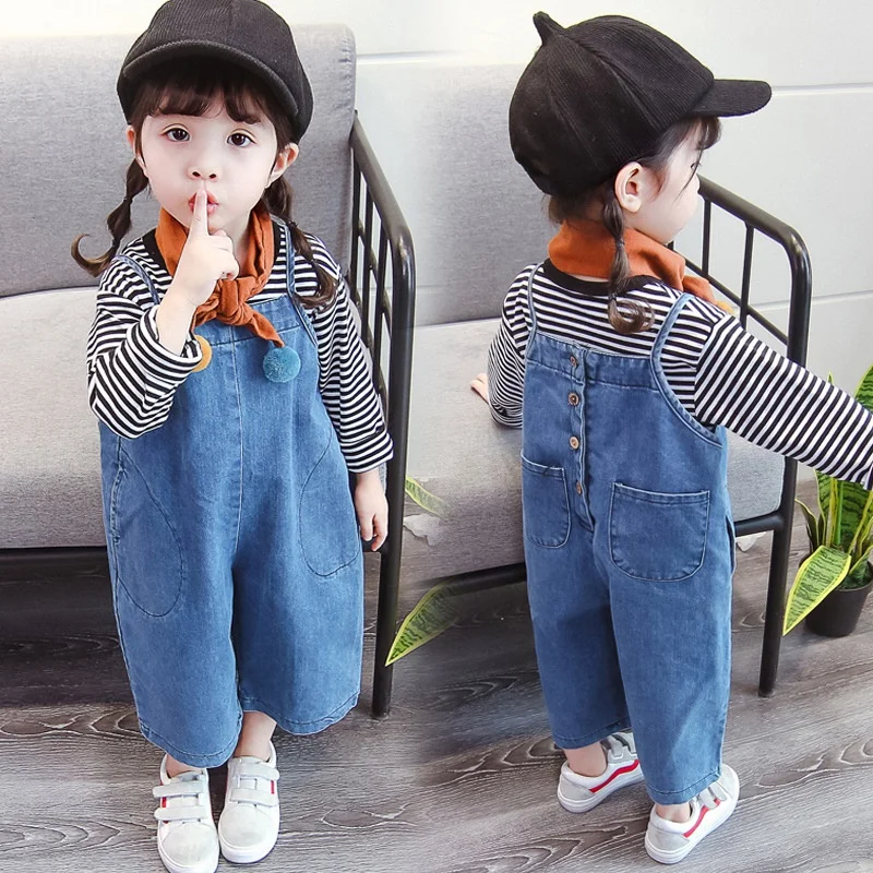

Children Spring Casual Princess Solid Color Soft Loose Wide-leg Denim Jumpsuit Bib Pants