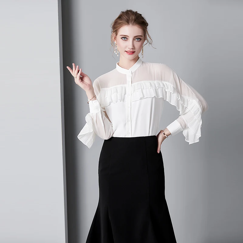 Белая Блузка Boho из хлопка с длинным рукавом и рюшами, женские блузки из шифона, однотонные Женские топы и блузки размера плюс, женская одежда