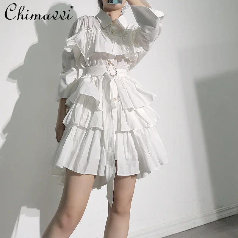 

Elegant Fashionable Short Dress Women 2021 Summer New Long Sleeve Shirt Dress Ruffled High Waist Slimming Dress with Belt