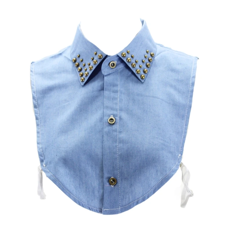 

2021 Women Vintage Bronze Bead Studded Lapel False Fake Collar Button Down Punk Style Detachable Denim Blue Half Shirt Dickey