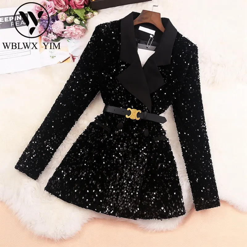 

Autumn Blazer Jacket Women Double Breasted Fashion Belt Sequin Black Suit Jacket Ladies Lapel Loose Blazers Coat Streetwear