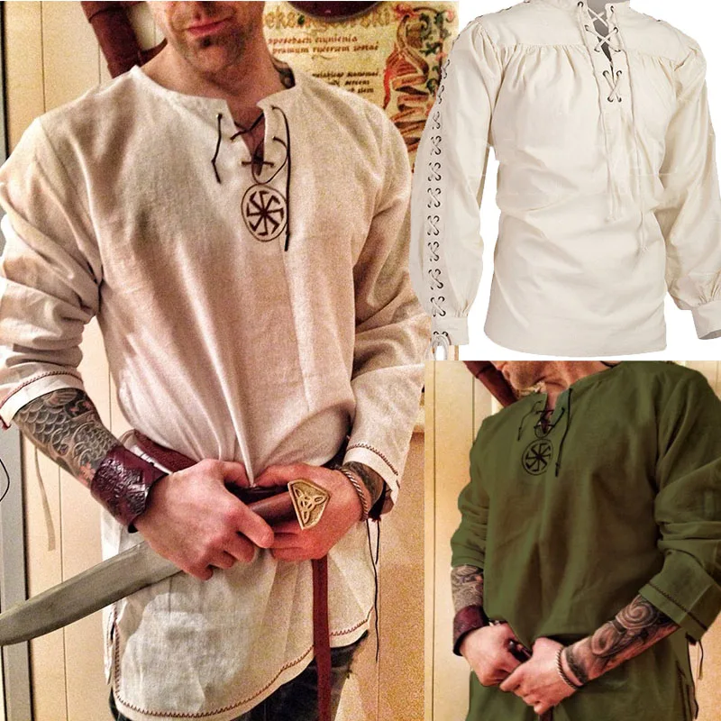 Adult Men Medieval Renaissance Grooms Pirate Top Tunic Costume Bandage Shirt Knight Punk Viking Cosplay Warrior Linen Blouse