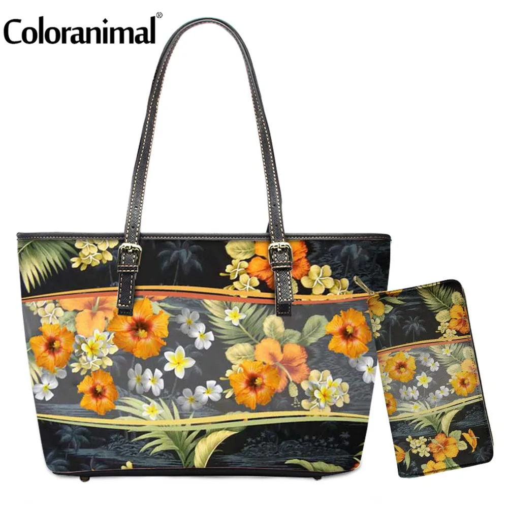

Большая Наплечная Сумка для женщин с принтом Coloranimal, гавайский Гибискус Плюмерия, 2 шт./компл., сумка-тоут и кошелек, сумка через плечо из иску...