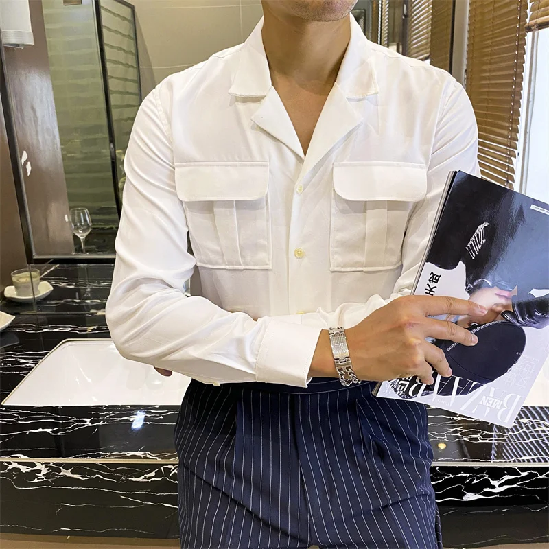 Мужская рубашка в стиле сафари однотонная белая уличная с двойным карманом