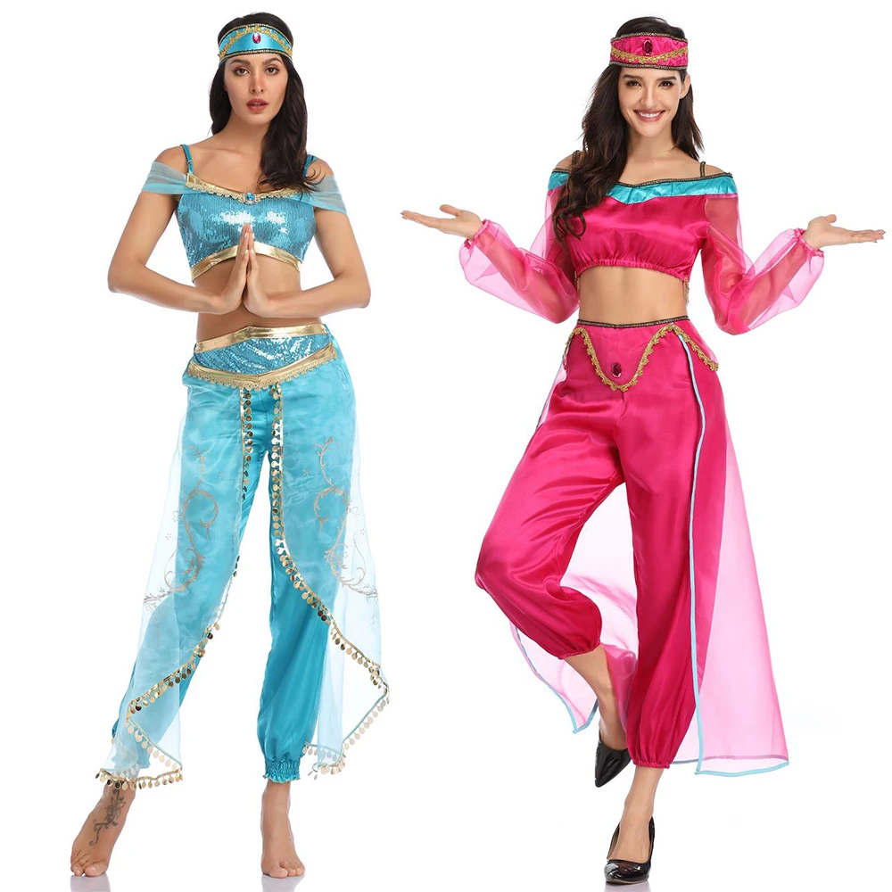 

Halloween Carnival Aladdin Jasmine Princess Clothing Cosplay Adult Women Girl Fancy Dress Up Party Costume Sets 2019 New Style