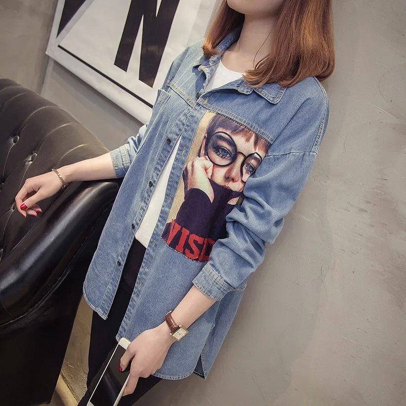 Весна 2020 новинка Женская длинная джинсовая рубашка готический стиль с принтом