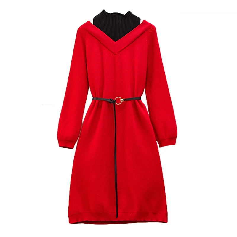 

Big Yard L -4XL Dress Off-The-Shoulder Slim Waist Splicing Sweater Long Sleeve Outfit Red Black Vestido Dresses Couture Knitwear