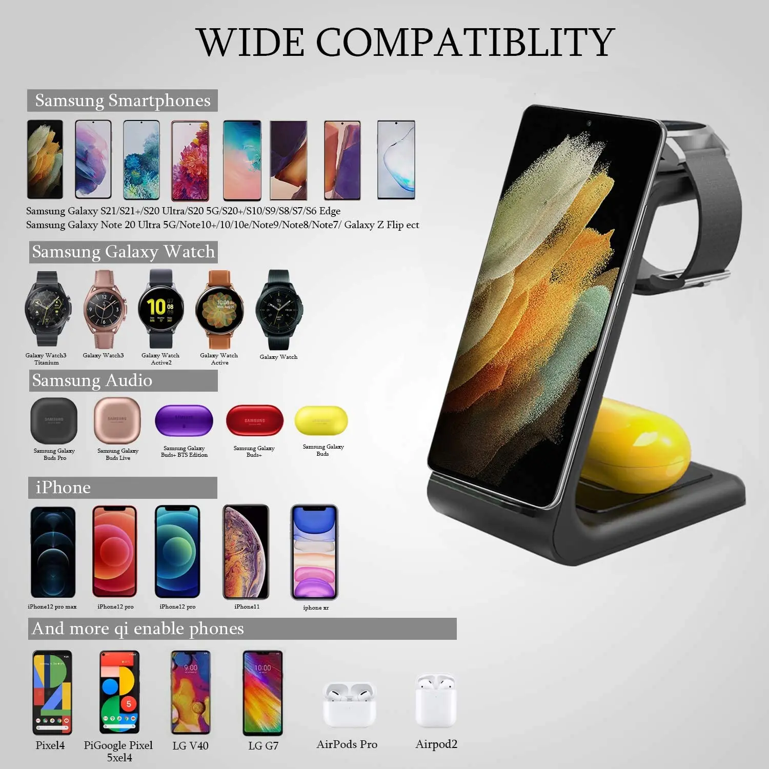 wireless charger 3 in 1 station for samsung s21 s20 10 note10 8 qi fast charging stand dock for galaxy watch 3 active 2 buds pro free global shipping