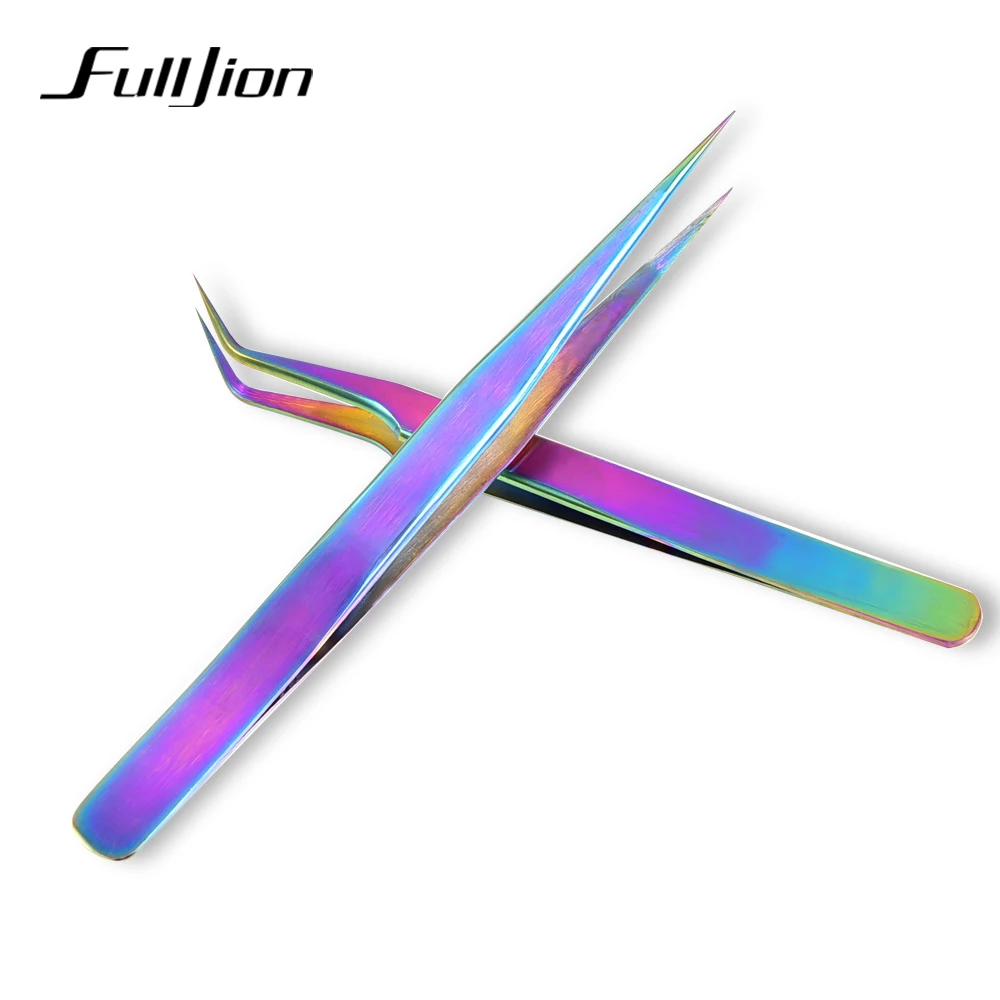 Fulljion изогнутые прямые пинцеты для бровей из нержавеющей стали c радужным