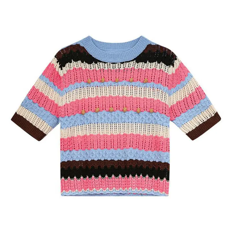 

Color stripe T-shirt short sleeve T-shirt women's summer 2021 new half sleeve hollow T-shirt