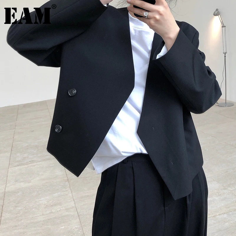 

[EAM] Women Black Brief Short Big Size Blazer New V-collar Long Sleeve Loose Fit Jacket Fashion Tide Spring Autumn 2021 1DE0917
