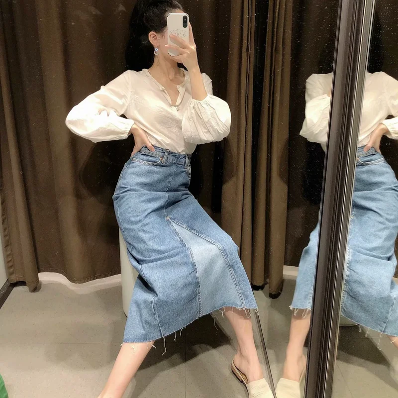 

Vintage Patchwork Contrast Color Jeans Skirt Women Empire Slim Sexy Split Midi Skirts 2021 Summer Korean New Chic Faldas