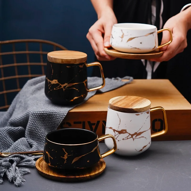

Creative Ceramic Mugs With Gold Handle Espresso Cappuccino Coffee Cups with Wooden Saucer Advanced Tea Cups And Saucers Sets