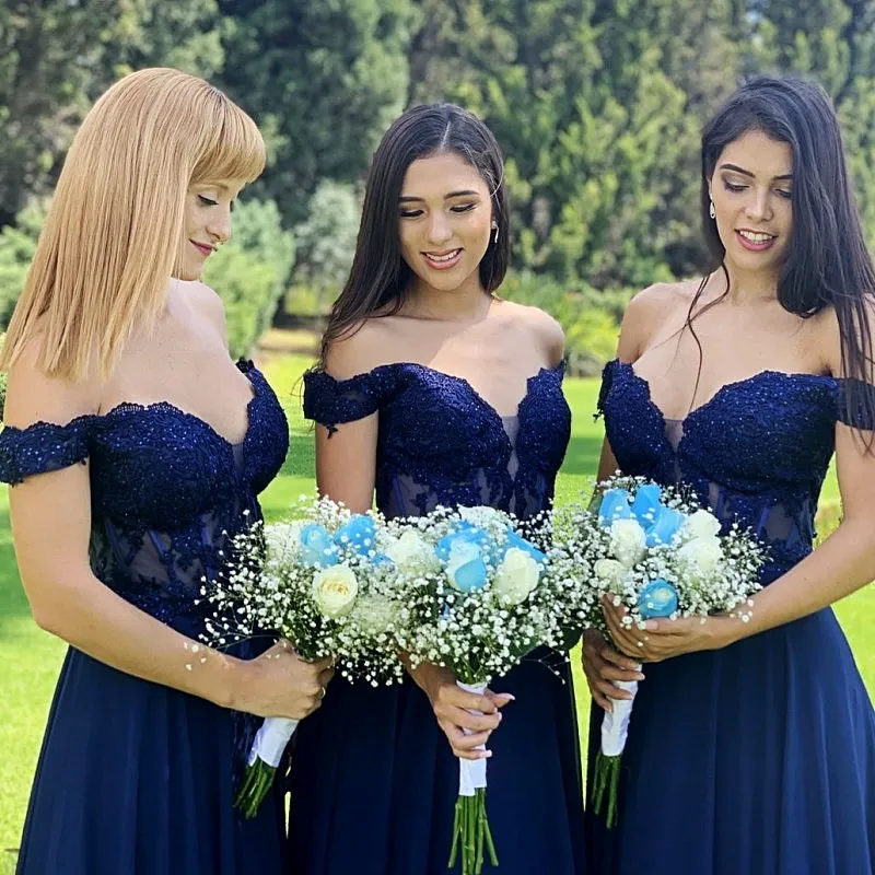 

Navy Blue Bridesmaid Dress For Wedding Illusion Top Off Shoulder Chiffon Applique Sequin V-neck A-line robe de soirée de mariage