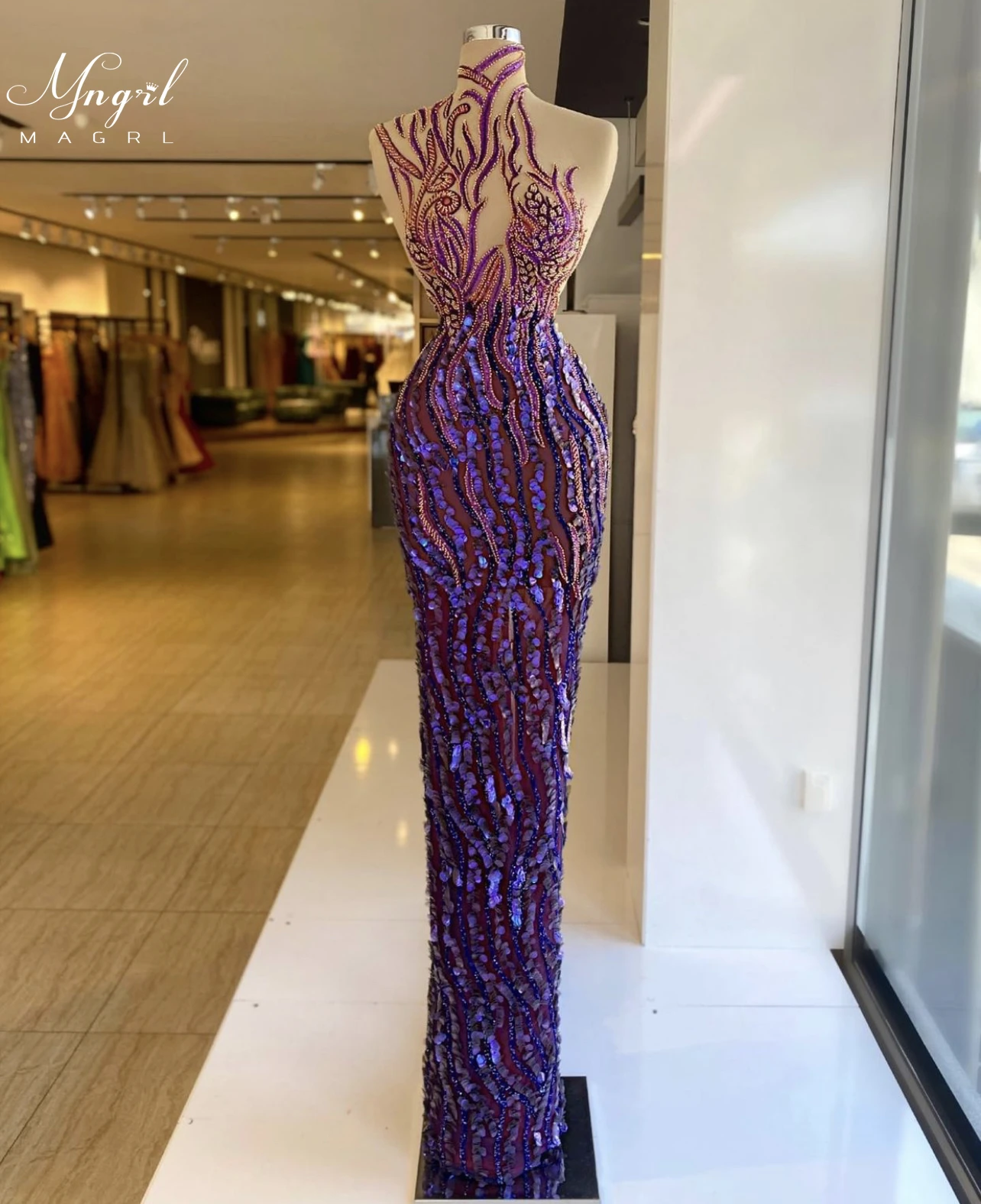 

MNGRL Luxury Evening Dress One-shoulder Long Sleeves Hand-applied Diamonds Glittering 2021 New Evening Dress Party Dress