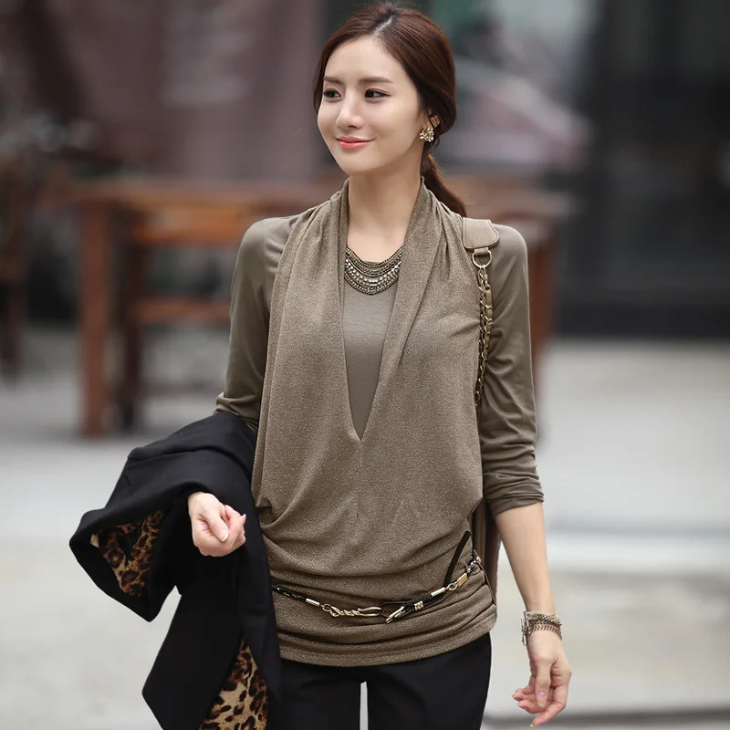 

Woman Spring Plus Size Full Solid O Neck Long Tops Female Autumn Hedging Tees Lady Fall Stretch Fake Two Pieces Shirtts