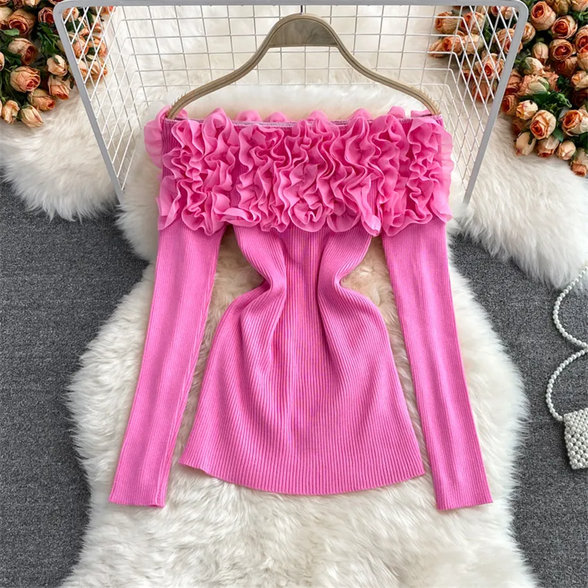 New Autumn Women Thin Stereoscopic Floral Sweater Lady Long Sleeve knitted Sweater Female Off-shouder Shirt Tops Bottomings 1620