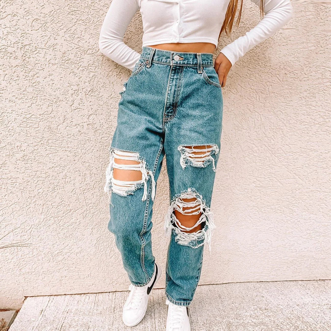 

2021 Women's Chic Sexy Hole Ripped Jeans High Waist Fitting Distressed Wild Trendy Destroyed Straight Leg Pants Trousers