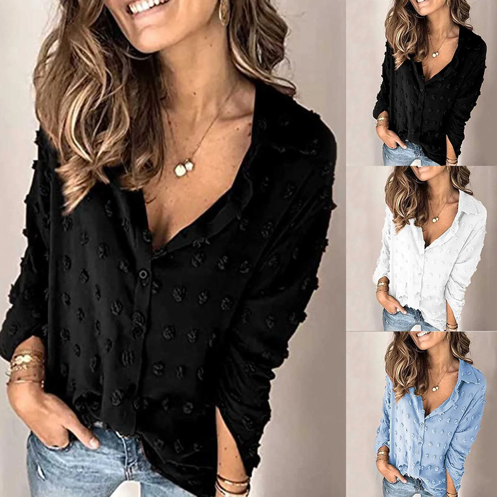 

35# Oversized T Shirt Women Fashion V Neck Chiffon T-Shirt Long Sleeve Button Shirt New Solid Ladies Tops футболка оверсайз