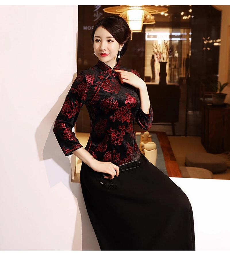 Китайский традиционный стиль осень зима бархат cheongsam женский короткий параграф семь точек рукав принт Тан костюм рубашка