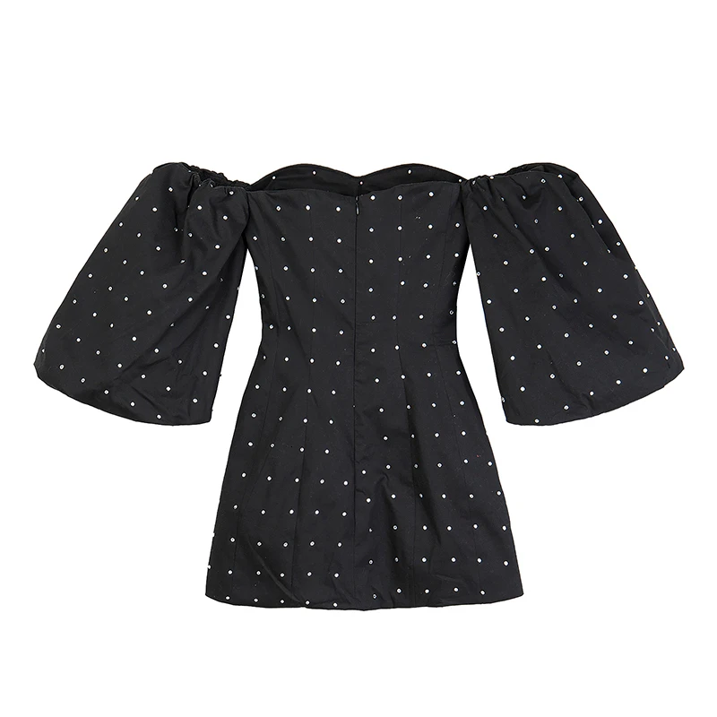 CHICEVER Diamonds Patchwork Women Dress Off Shoulder Slash Neck Half Sleeve High Waist Slim Mini Party Dresses Female New