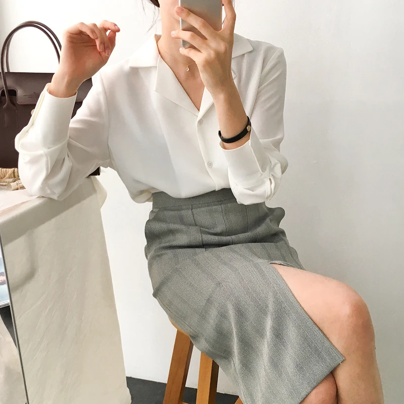 Блузка женская с длинным рукавом офисная белая шифоновая блузка рубашки женские