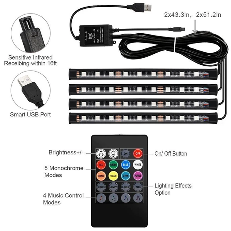 

4x9 светодиодов RGB атмосфера салона автомобиля Footwell полоса освещения USB зарядное устройство декоративная лампа