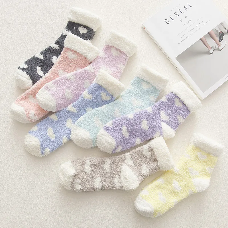 Autumn And Winter New flanging Candy Color Love Small Fresh Coral Velvet Towel Home Floor Female Socks Thickened